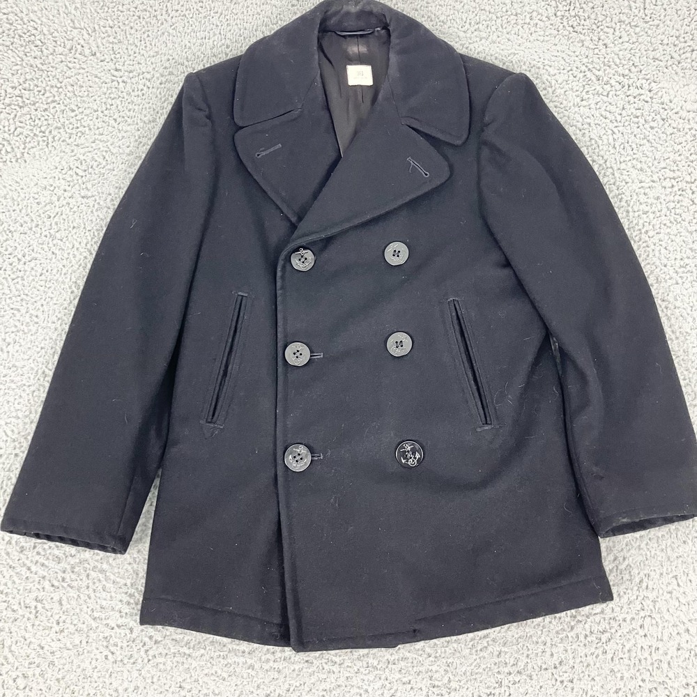 US Navy Pea Coat Mens 36 Black Wool Double Breasted Anchor Buttons‎ Military
